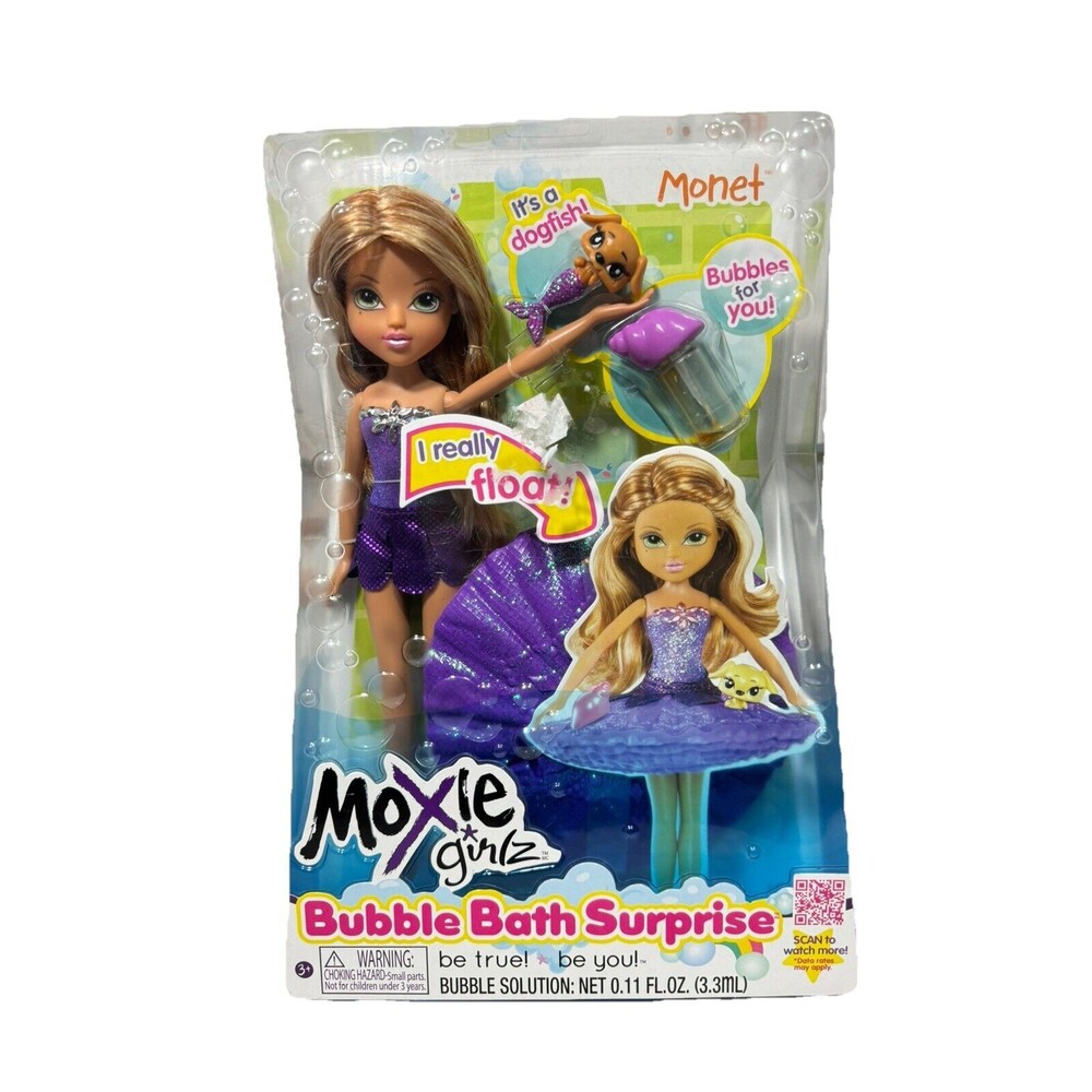 NEW Moxie Girlz MGA Monet With Dog Fish Bubble Bath Surprise Doll Purple 2014